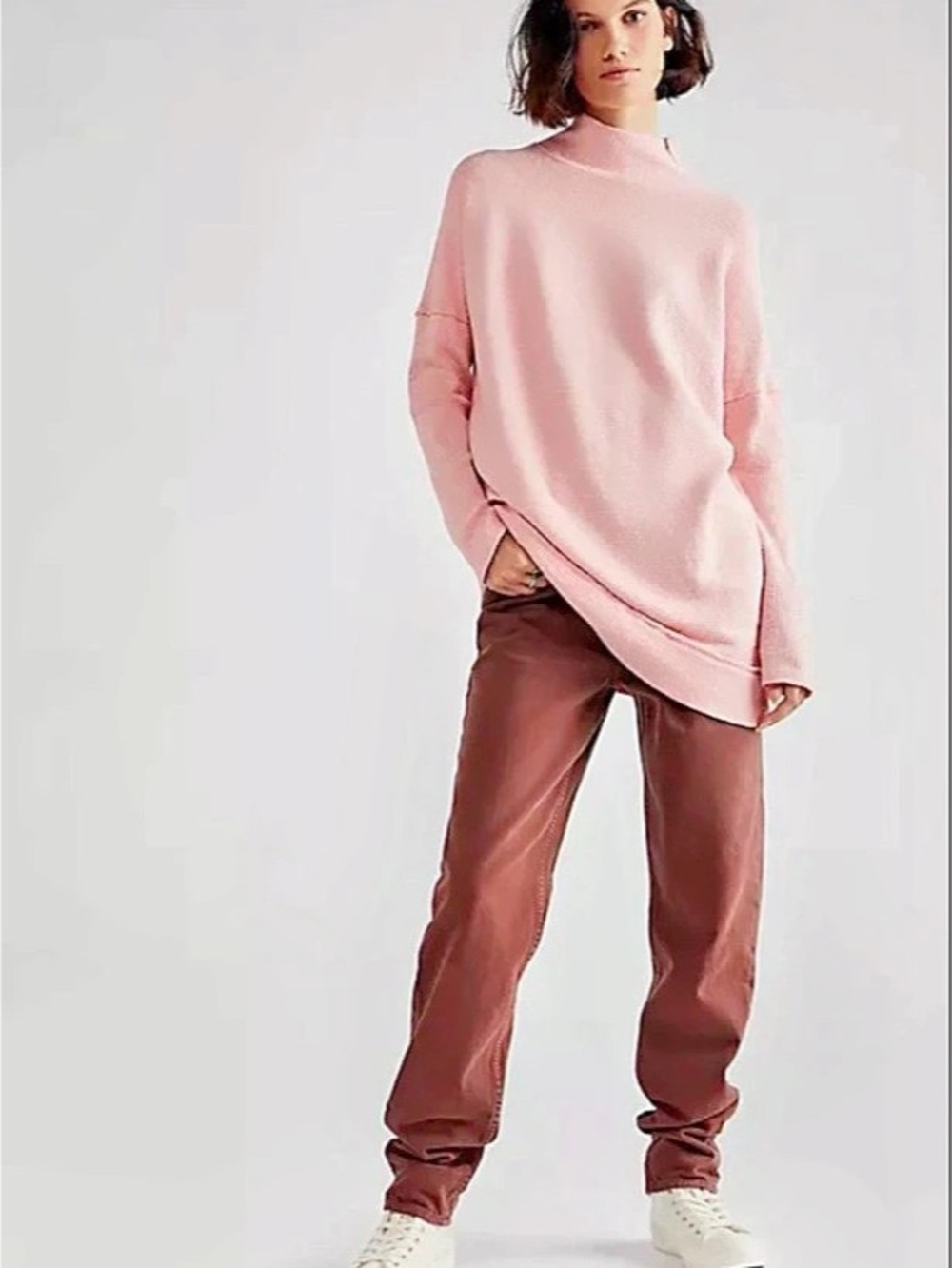 Free People Casey Tunic Ribbed Cotton Long Sleeved Mock Neck Pullover Pink Size